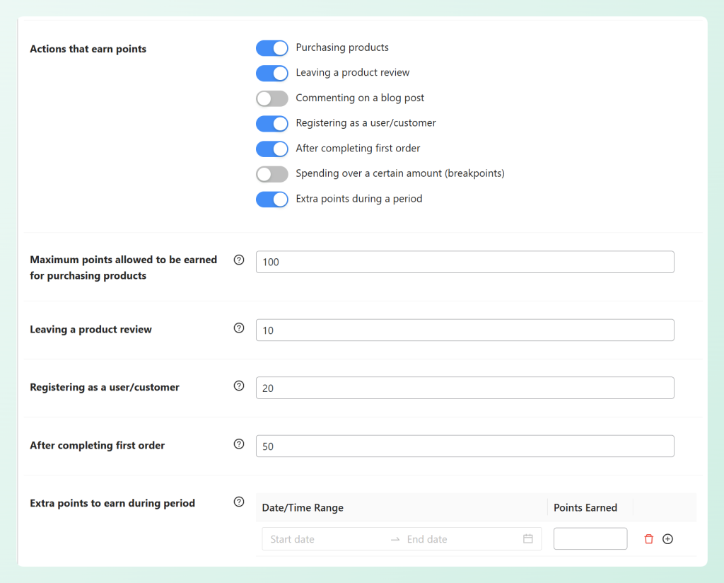 Points-earning actions for purchases, reviews, signup, and first order