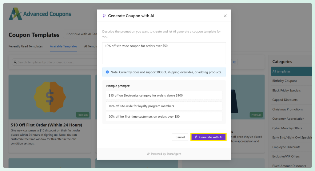 Generate with AI option in the Create New Coupon popup in WooCommerce