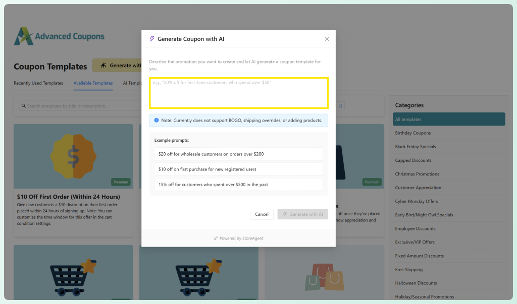 Generate Coupon with AI popup showing a sample promotion description and generate button