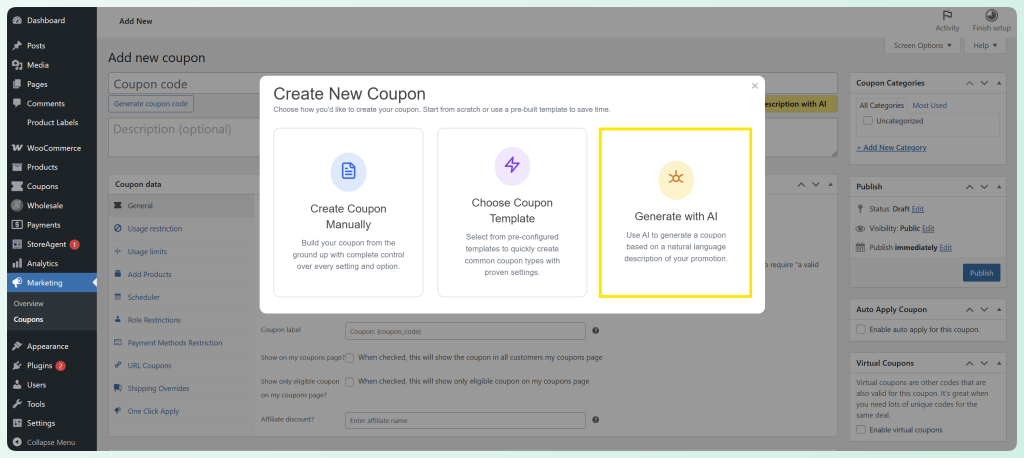 Generate with AI button highlighted in Advanced Coupons AI coupon generator popup