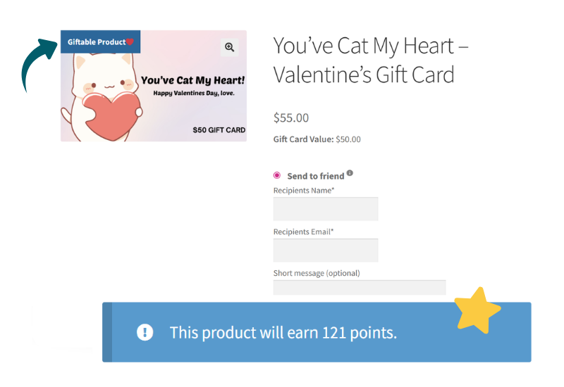Gift card product page showing a “Giftable Product” label and loyalty points earned message