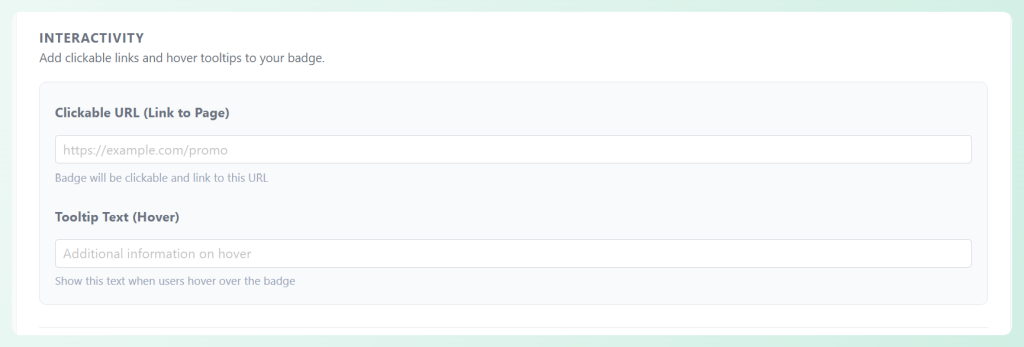 Advanced Promo Kit interactivity settings showing fields for a clickable URL and tooltip text