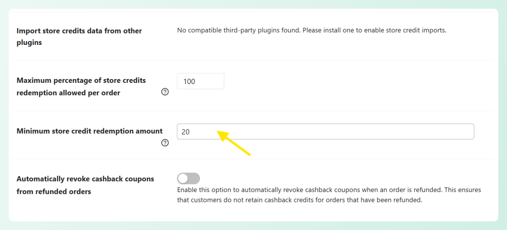 minimum-store-credit-redemption-amount - Advanced Coupons Advanced Coupons minimum store credit redemption amount field set to 20