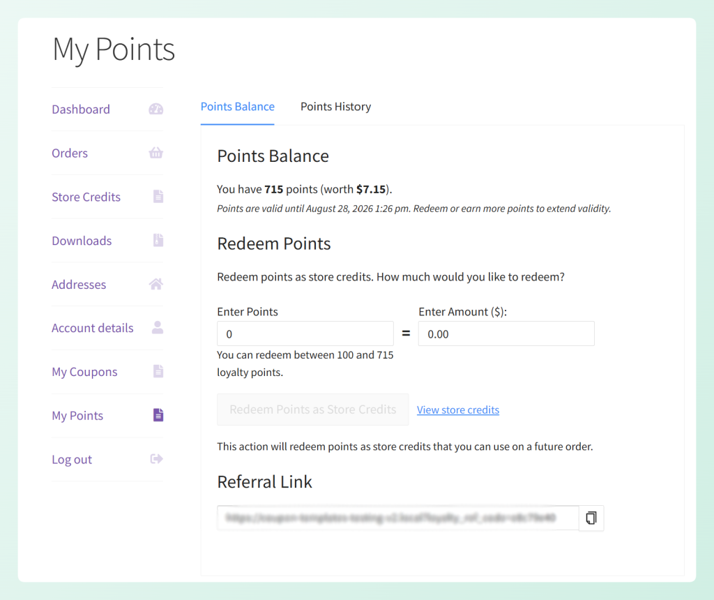 My Points page showing points balance, value, and redemption form