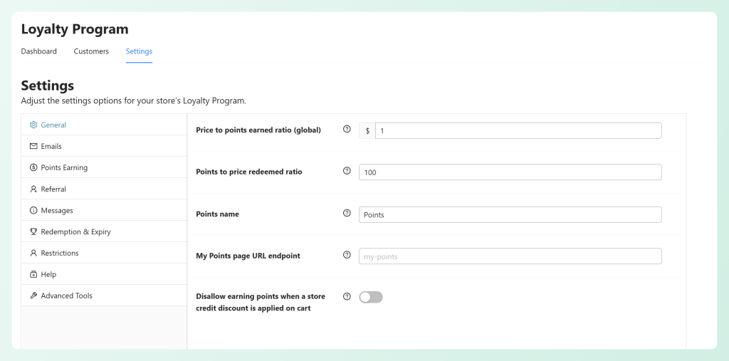Points ratio settings showing 1 point per  alt=
