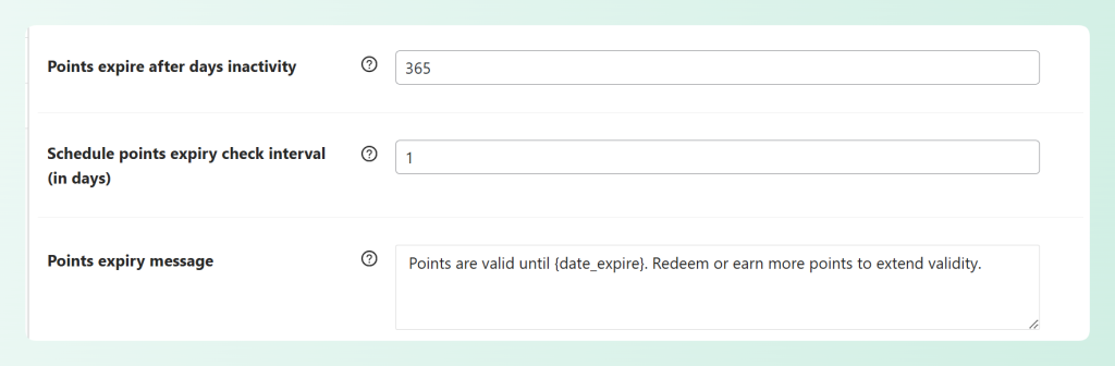 Points expiry settings showing inactivity days and expiry message