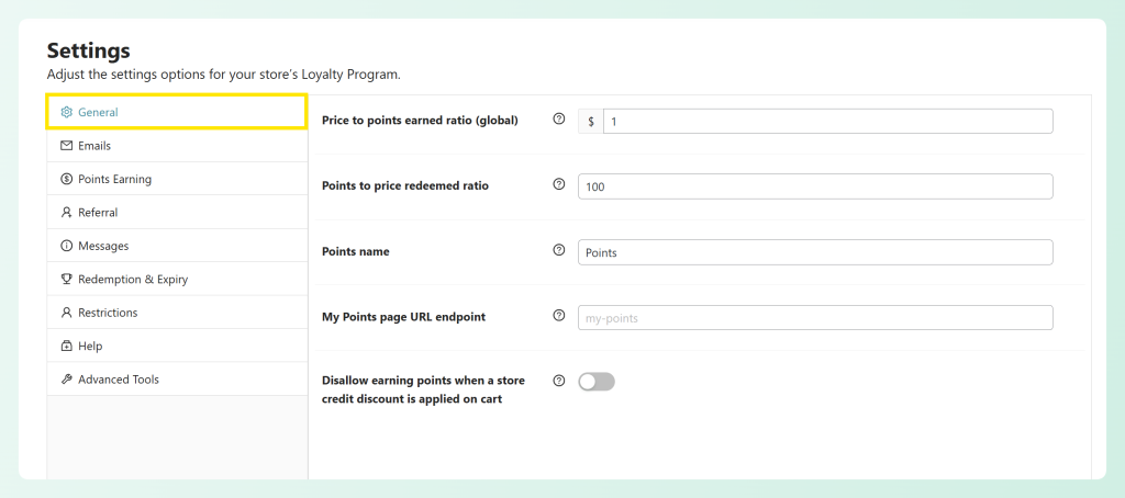 Settings screen for loyalty program with General selected; right pane shows ratio and endpoint fields like price-to-points, points to redeem, points name, and URL endpoint.