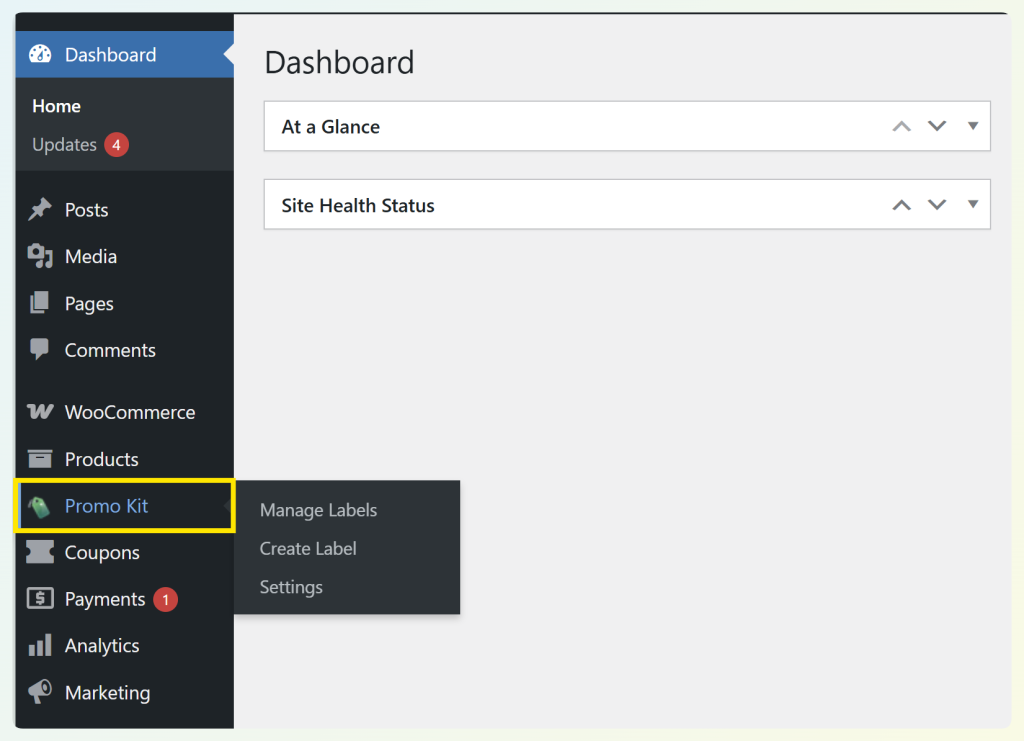 WordPress dashboard sidebar showing the Promo Kit menu with options for Manage Labels, Create Label, and Settings