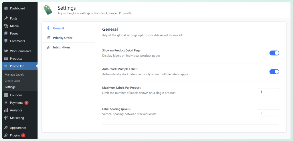Advanced Promo Kit settings page showing general options for product page display, auto-stacking, maximum labels, and label spacing