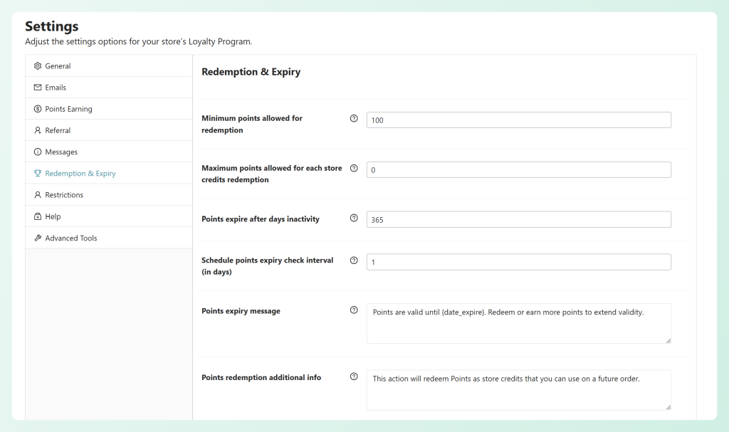 Redemption & expiry settings with minimum points and points expiry fields