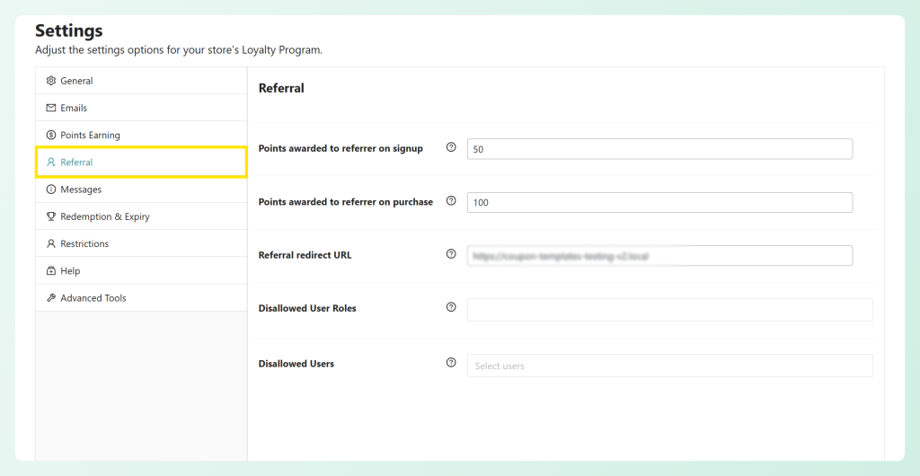 Settings page with a left navigation menu; Referral tab highlighted (blue) in the sidebar.