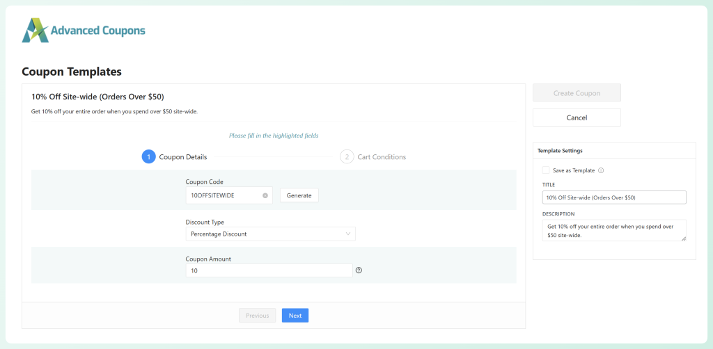 AI-generated WooCommerce coupon showing discount type, amount, and coupon code