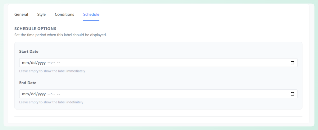 Advanced Promo Kit schedule settings showing start date and end date fields for a product badge