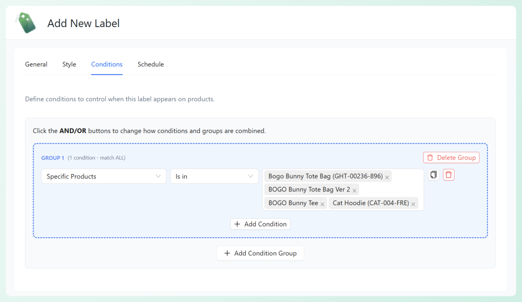 Advanced Promo Kit conditions tab showing a badge rule applied to specific selected products