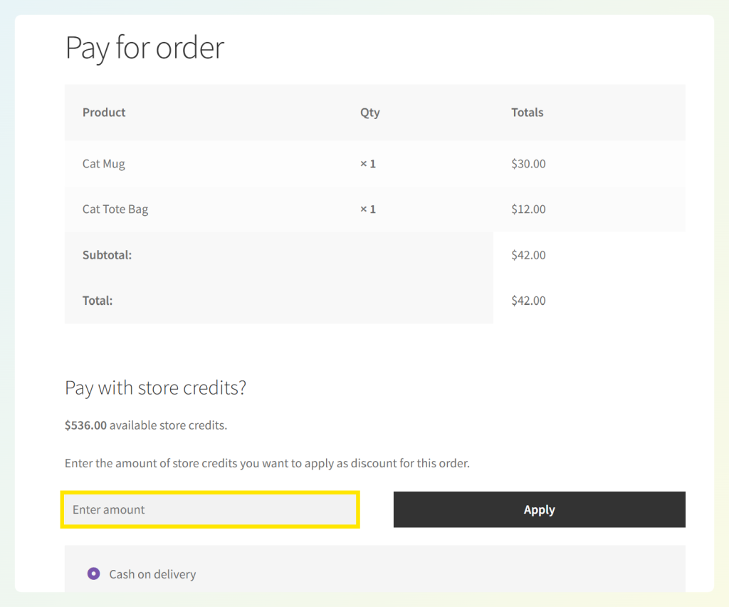 store-credit-payment-for-manual-orders - Advanced Coupons Customer Pay for order page showing store credits field for a manually-created WooCommerce order