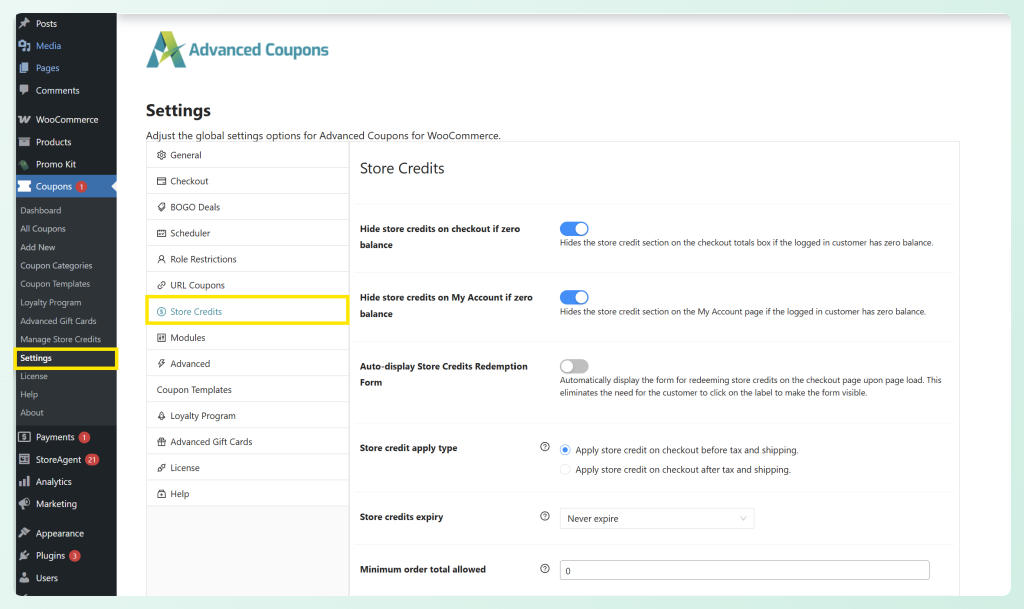 store-credit-settings-page - Advanced Coupons Advanced Coupons Store Credits settings page in WooCommerce