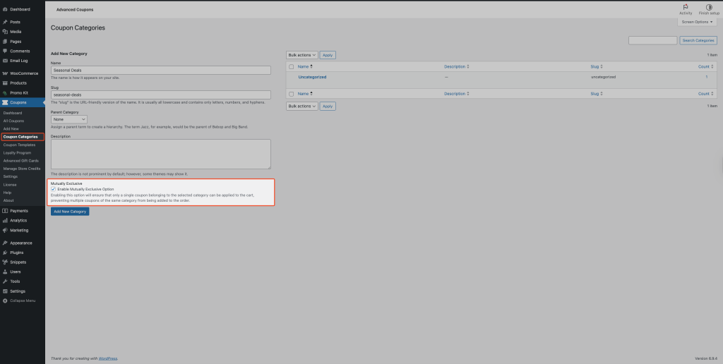 Add New Coupon Category form with the Mutually Exclusive checkbox visible