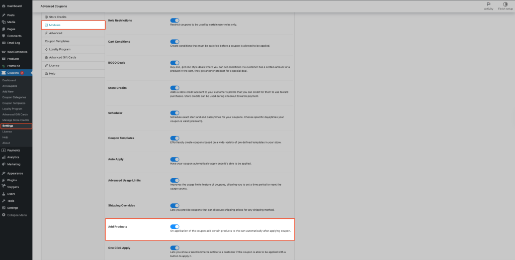 Add Products checkbox enabled on the Modules tab