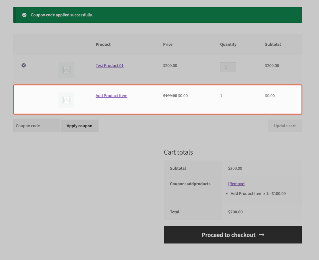 Cart showing an automatically added product with no remove button and a locked quantity
