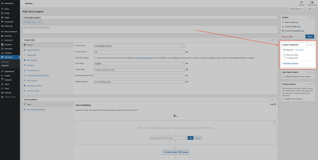 Coupon editor with the Coupon Categories panel visible and the category selected