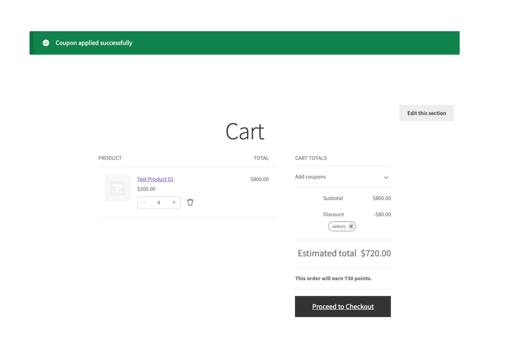 Customer cart page showing the success notice after a deferred coupon is automatically applied