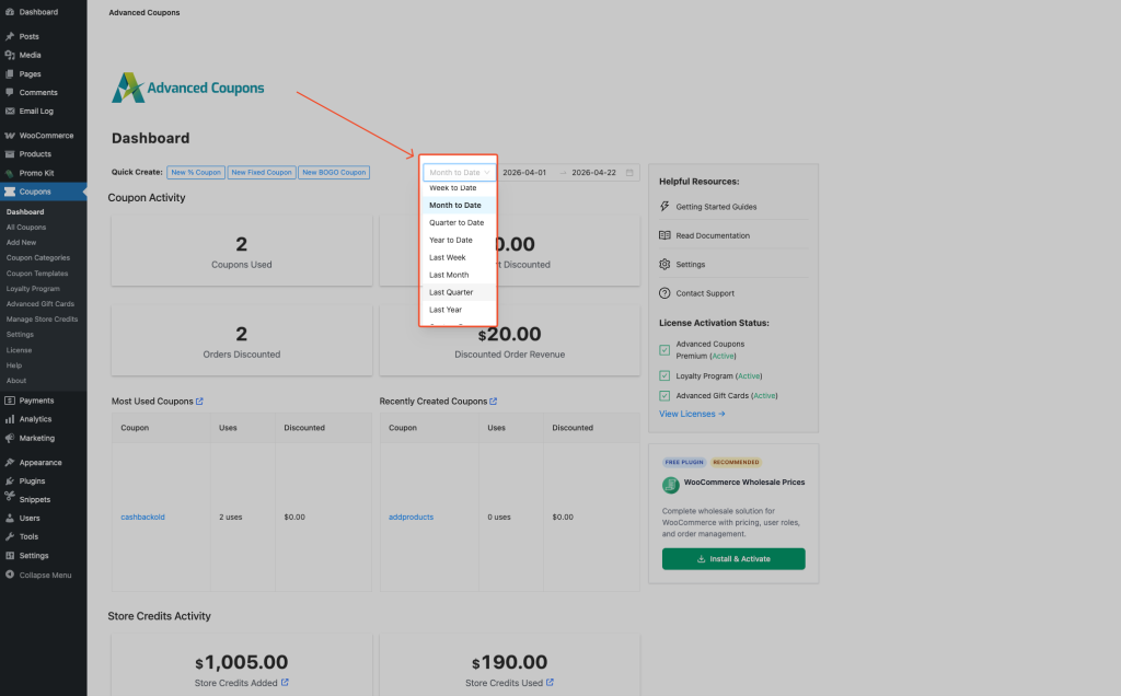 Date period selector on the Coupon Activity Dashboard