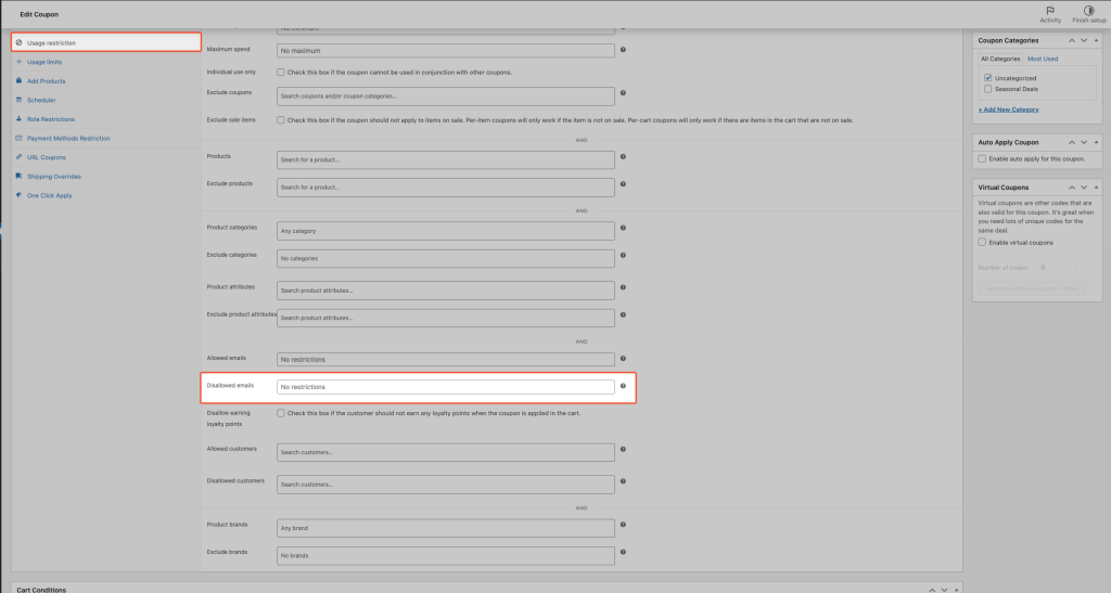 Disallowed emails field in the Usage restriction tab with one or more entries filled in