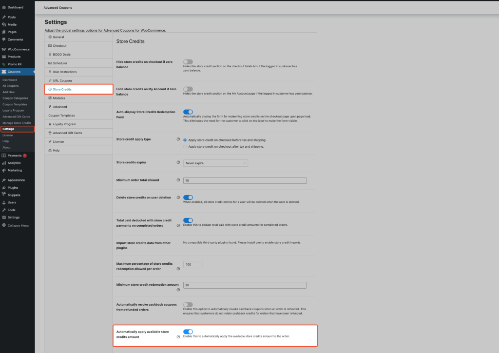 Enable Automatically apply available store credits amount