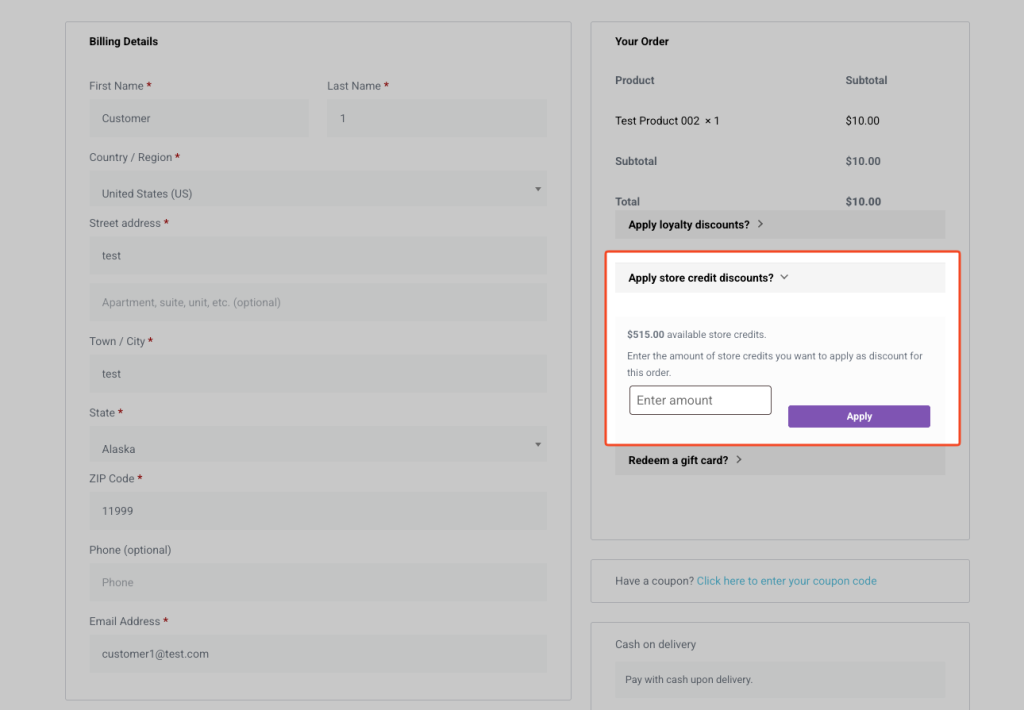 Example of an Elementor-built checkout page with the coupon code field and store credits form visible