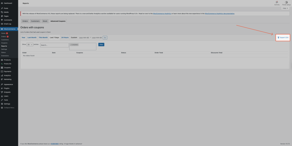 Export CSV button on the Orders with Coupons report