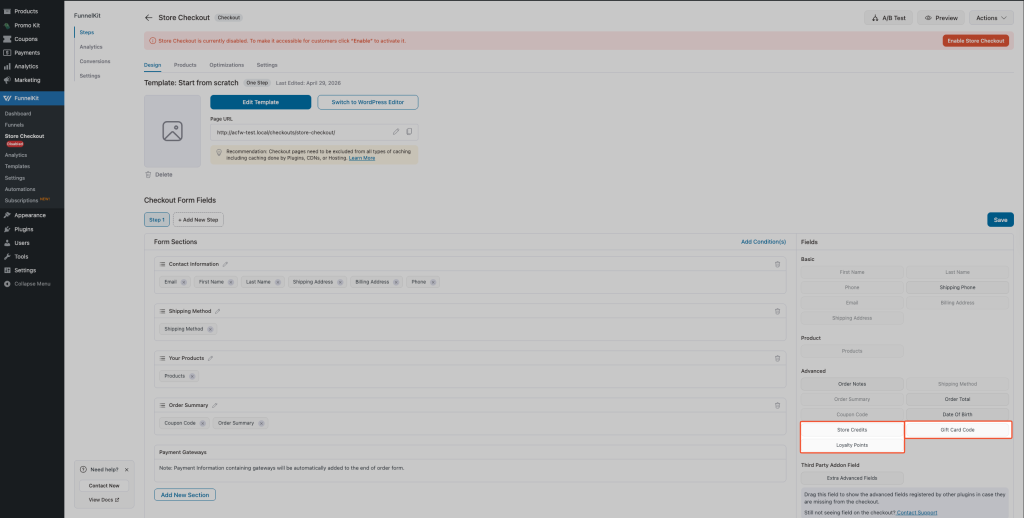 Fields tab open, right-hand Fields panel showing Basic / Product / Advanced sections