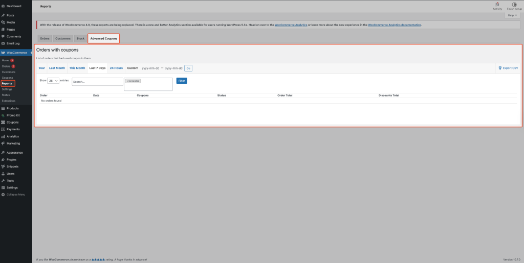 Reports page with the Advanced Coupons tab selected