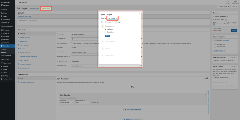 Send Coupon modal with the "Send via" dropdown visible