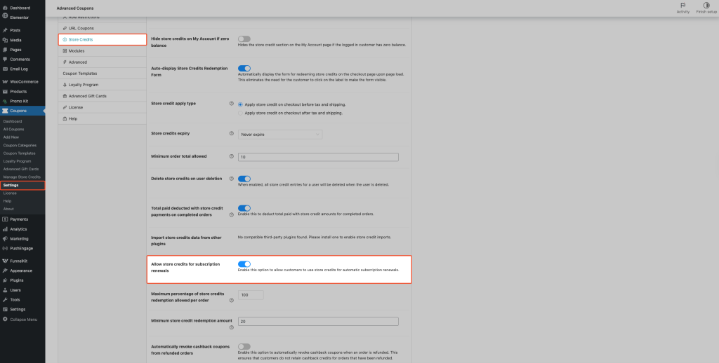 Store Credits section showing the "Allow store credits for subscription renewals" checkbox checked