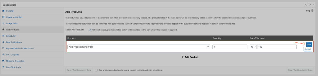 The Add Products table with one product row filled in