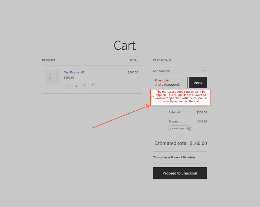 This coupon is not allowed to work in conjunction with the coupon(s) currently applied on the cart.