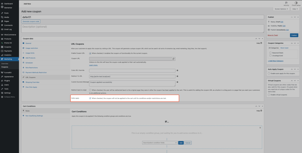 URL Coupons tab inside the coupon editor, with "Enable Coupon URL" and "Defer apply" checkboxes both checked