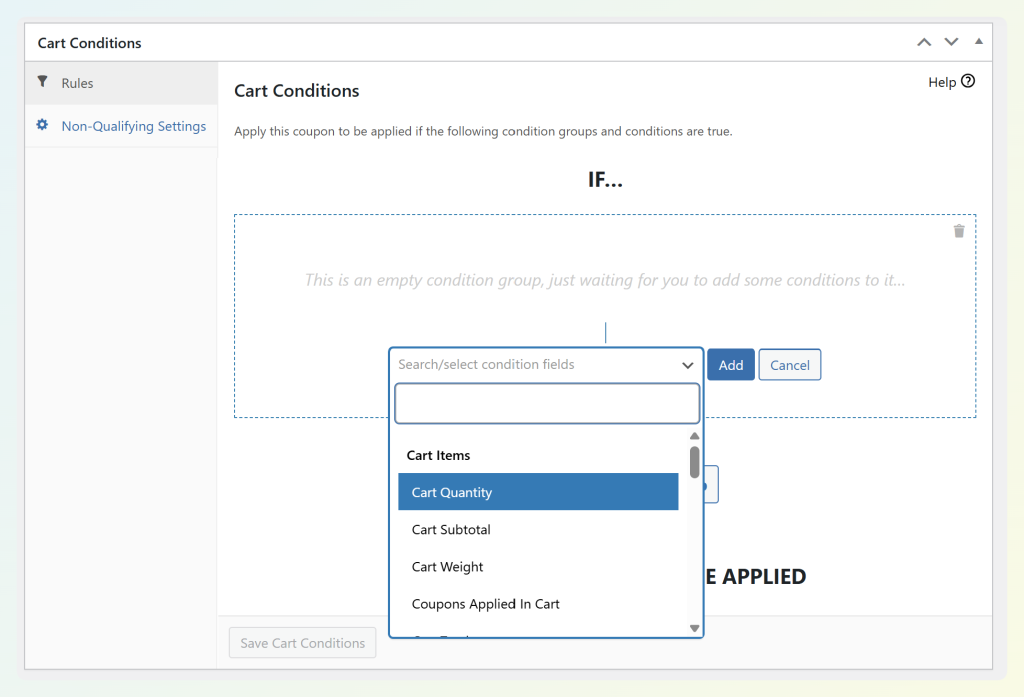 Advanced Coupons cart conditions screen with the condition dropdown open and Cart Quantity selected