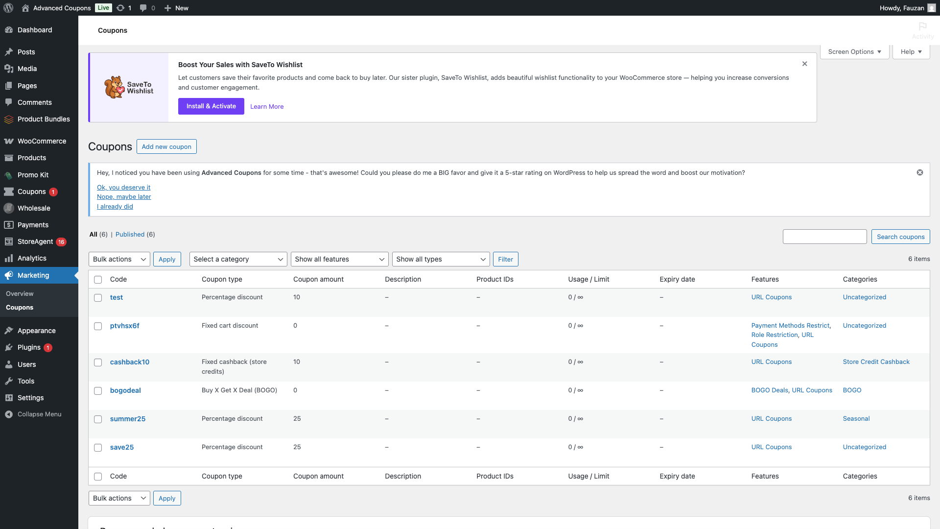 All Coupons list showing the category filter dropdown above the list and the Categories column in each coupon row