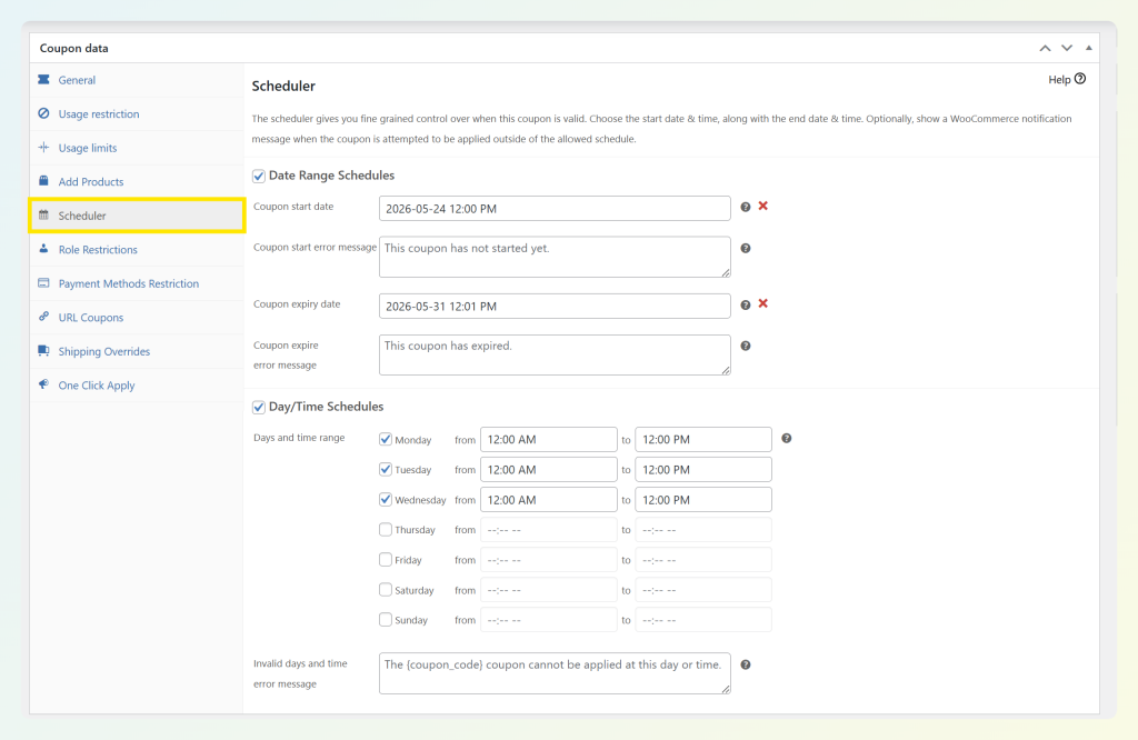 Advanced Coupons scheduler settings showing coupon date range and day/time schedule options