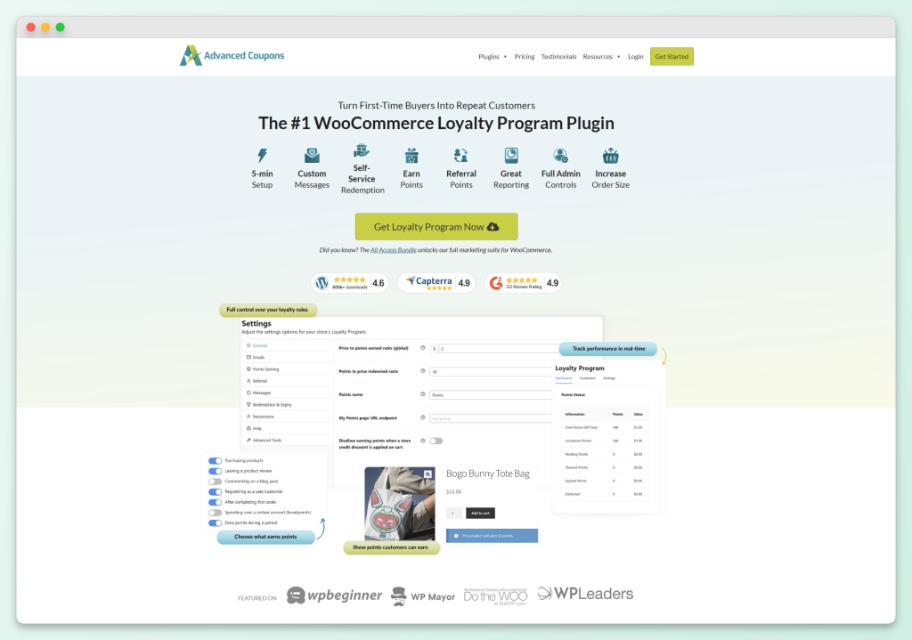 Advanced Coupons loyalty program page showing setup, referral points, reporting, and admin controls