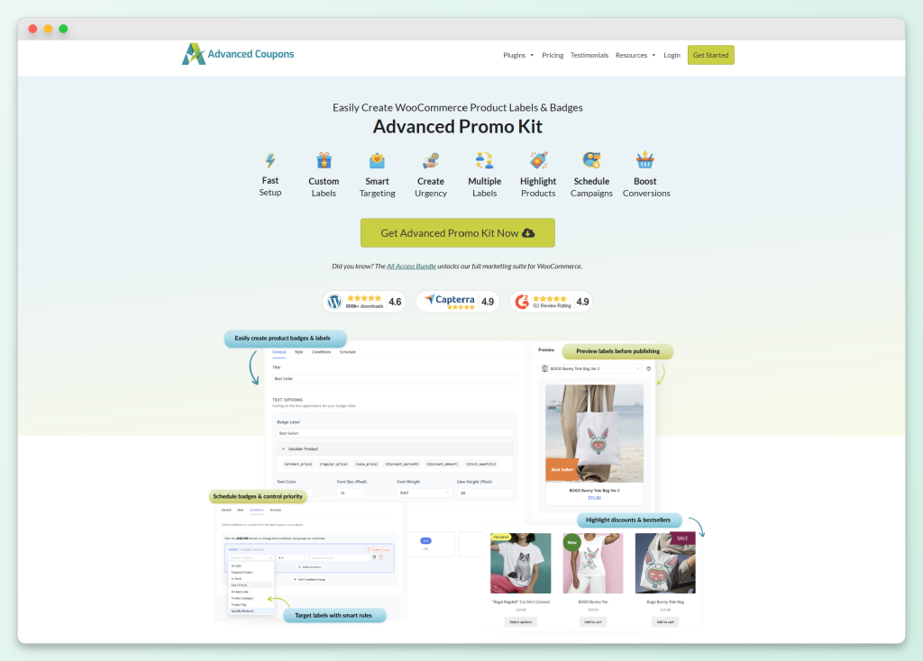 Advanced Promo Kit product page showing WooCommerce product label features