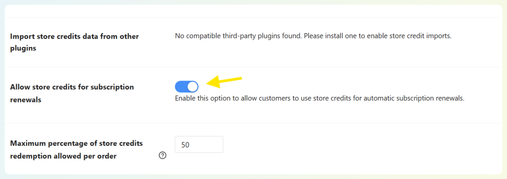 Store Credits settings showing Allow store credits for subscription renewals enabled