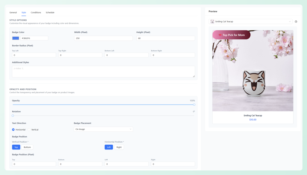 Advanced Promo Kit badge style settings with a Top Pick for Mom badge preview on a product image