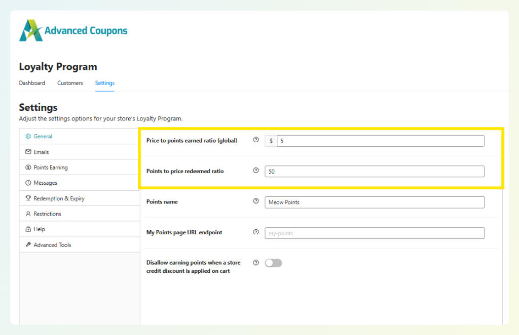 Loyalty Program settings showing the price-to-points earning ratio and points-to-price redeemed ratio fields