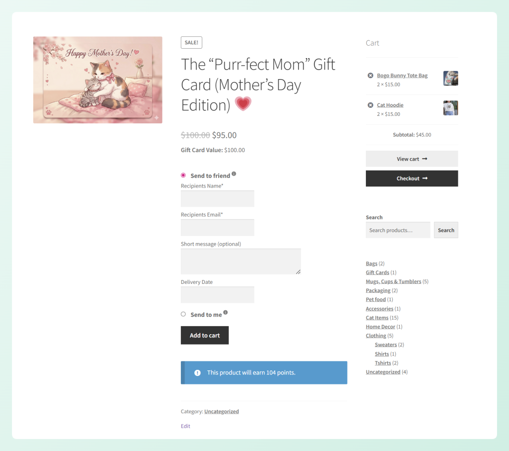WooCommerce Mother’s Day gift card product page with recipient fields, delivery date, and add to cart button