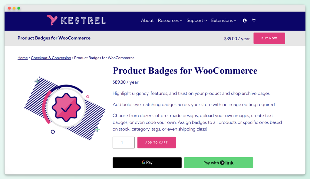Kestrel Product Badges for WooCommerce product page