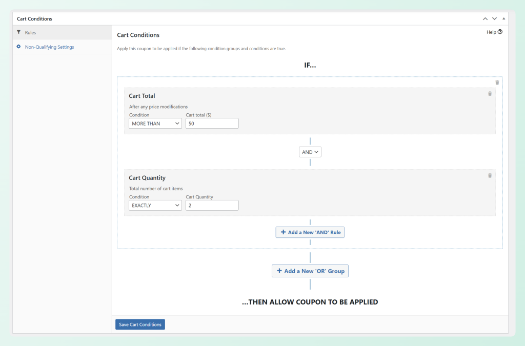 Advanced Coupons cart conditions screen showing cart total and cart quantity rules