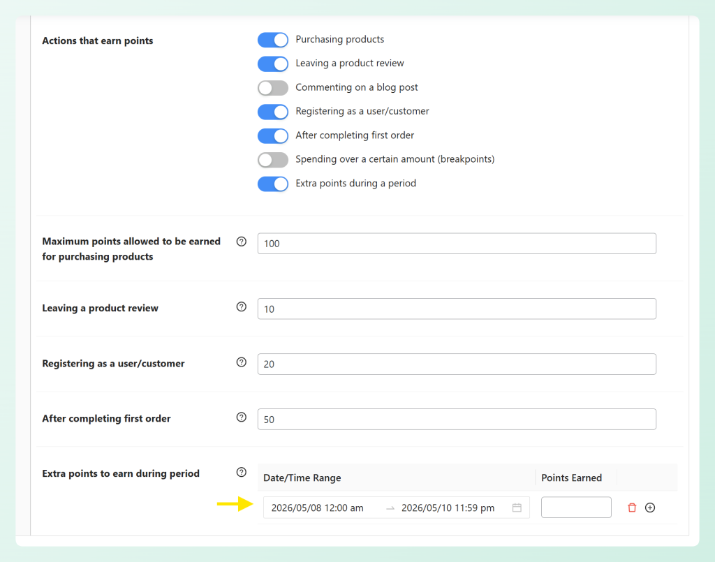 Advanced Loyalty Program settings showing extra points during a period with a Mother’s Day weekend date range
