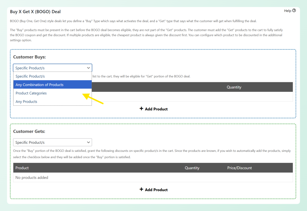 Advanced Coupons BOGO deal settings showing the Customer Buys dropdown and Customer Gets section